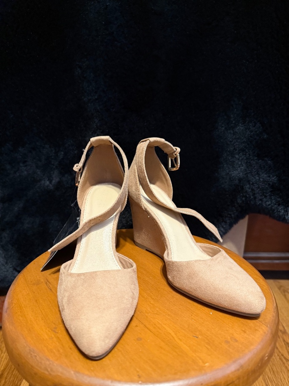 Beige suede like wedges with ankle straps